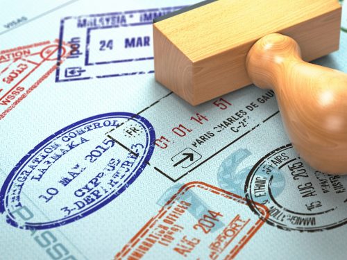 Passport with visa stamps. Travel or turism concept background. 3d illustration